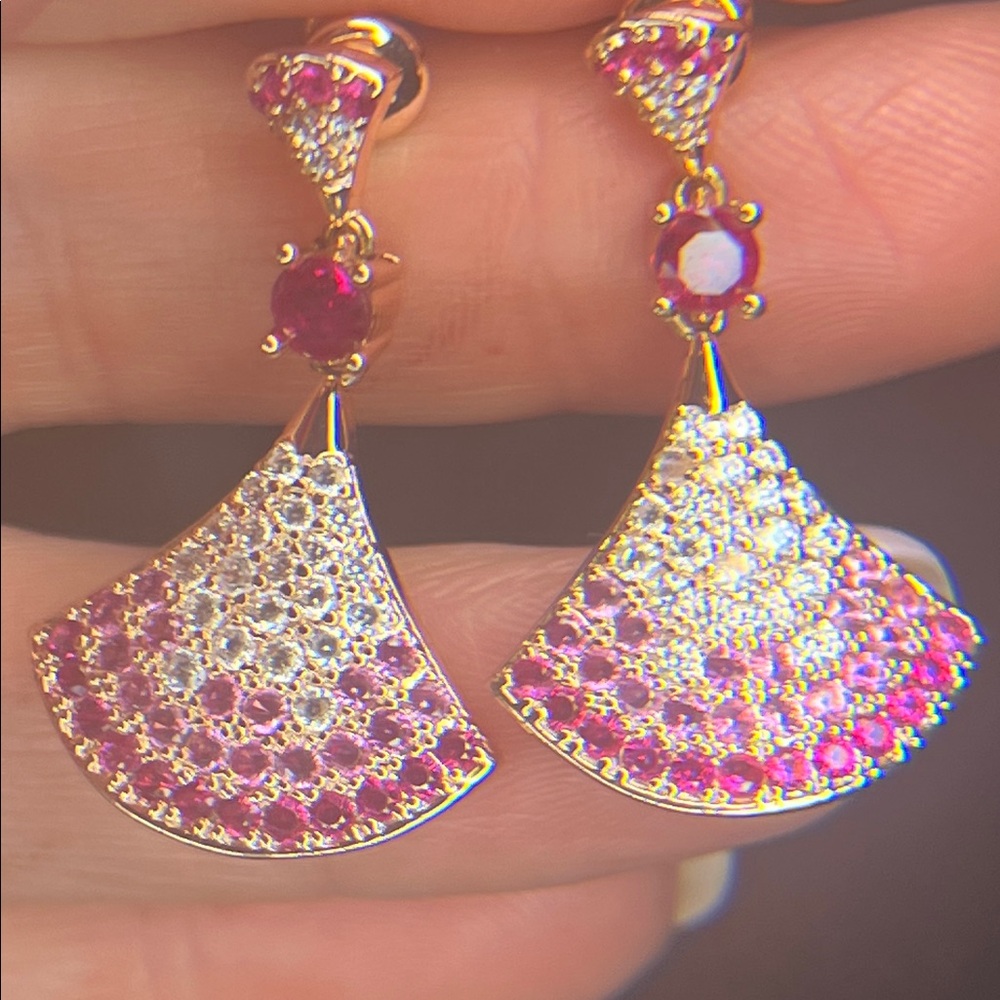 Elegant Pink & Gold Fan Drop Earrings - Women Jewelry